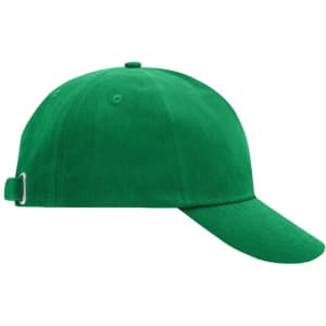 A green 5 panel cap with a curved brim and an adjustable strap at the back, featuring a logo.