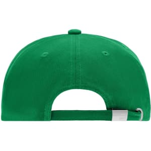 A green 5 panel cap featuring a rear adjustable strap and a logo on the back.