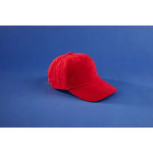 A red 5 panel cap with a curved brim, featuring a branding logo. The background is a solid blue.