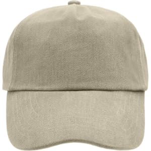 A beige 5 panel cap with a curved brim and a logo on the front.