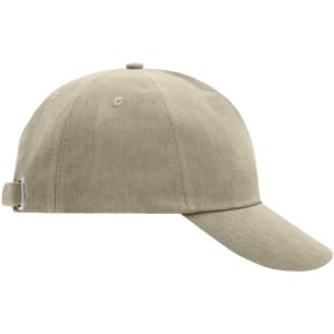 A beige 5 panel cap with a curved brim and an adjustable strap at the back. It features a logo.