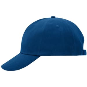 A blue 5 panel cap featuring a curved brim and an adjustable strap at the back, with a logo on the front.