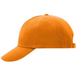 An orange 5 panel cap with a curved brim and adjustable strap, featuring a logo.