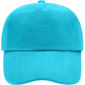 A bright turquoise 5 Panel Cap featuring a curved brim and a single logo on the front.