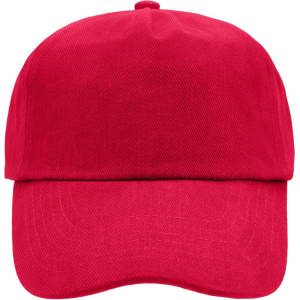 A red 5 panel cap featuring a curved brim and an adjustable strap. It has a plain design without visible logos.