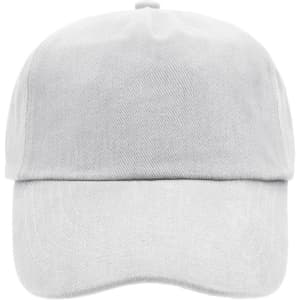 A grey 5 panel cap with a curved brim and a branding logo on the front.
