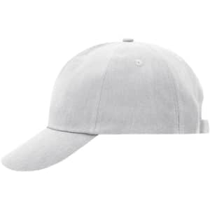A light grey 5 panel cap featuring a curved brim and a rear adjustment strap, with a logo on the side.