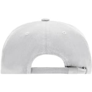 A white 5-panel cap featuring a rear adjustable strap and a logo on the side.