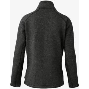 A dark grey polar fleece jacket with a high collar and a logo on the back.