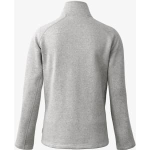 A polar fleece jacket in grey, featuring a high collar and long sleeves. It has a logo on the back.