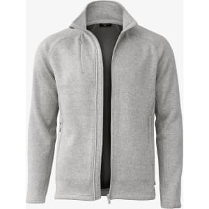 A polar fleece jacket in grey with a zip closure and a subtle logo on the chest.