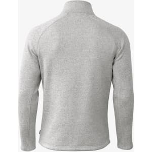 A grey polar fleece jacket with a stand-up collar and long sleeves. It features a logo on the back.