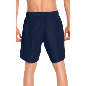 Men's navy volley swim trunks featuring a back pocket and an elastic waistband, designed for comfort and sun protection.