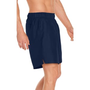 Men's navy volley swim trunks featuring an elastic waistband and side slits, designed for comfort and movement.