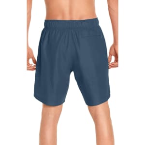 Men's volley swim trunks in navy blue with a back pocket and an elastic waistband, featuring a logo.