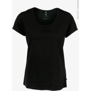 A black women's T-shirt with a round neckline and short sleeves, made from organic cotton. The shirt has a logo.