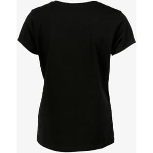A black women's t-shirt featuring short sleeves and a rounded neckline, with a logo on the back.