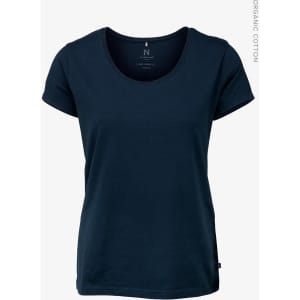 A navy blue women's t-shirt with a rounded neckline and short sleeves, featuring a logo on the side.