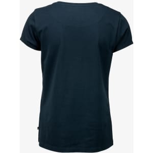 A dark navy women's t-shirt with short sleeves and a rounded neckline, featuring a logo on the side.