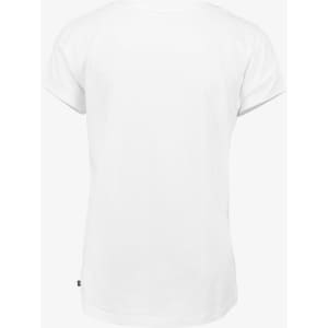 A white women's T-shirt featuring a classic crew neck and short sleeves, with a small logo on the side.