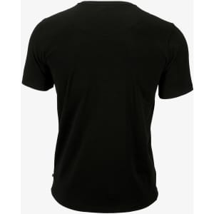 A black T-shirt featuring a simple design and a logo on the back.