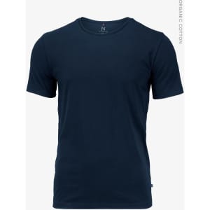 A navy blue men's t-shirt made of organic cotton, featuring a simple design and a small logo.