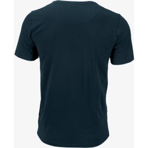 A navy blue T-shirt with a simple design and a logo on the back.
