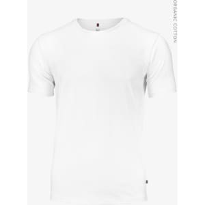 A white t-shirt made from organic cotton, featuring short sleeves and a brand logo.