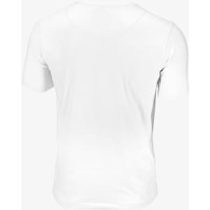 A plain white men's T-shirt featuring short sleeves and a round neckline, with a logo on the back.