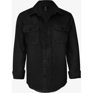 A black unisex shirt with a button-up front, two chest pockets, and long sleeves. It features a brand logo.