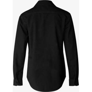 A black unisex shirt with long sleeves, featuring a collar and button cuffs. Includes a small logo.