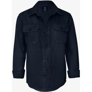 A navy unisex shirt with long sleeves, button-up front, and two chest pockets. Features a logo.