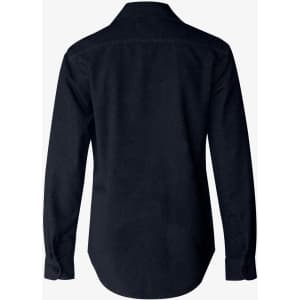 A black unisex shirt with long sleeves and a collared design, featuring a logo on the back.