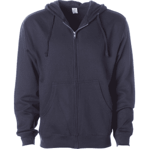 A navy midweight zip hood with a front zipper and kangaroo pockets, featuring a logo on the chest area.