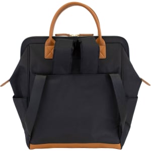 A clinical backpack in black fabric with tan accents, featuring multiple pockets and a sturdy handle.