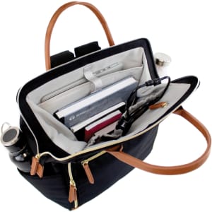 A black clinical backpack with tan handles, featuring compartments for a laptop, notebooks, and a drink bottle.