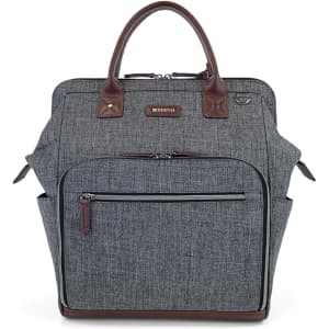 A grey clinical backpack with brown leather accents and multiple compartments. Features a logo on the front.