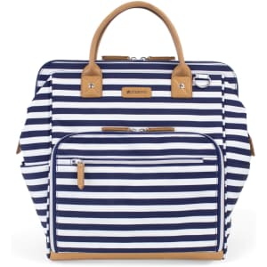 A striped navy and white clinical backpack with tan accents and multiple compartments, featuring a logo.