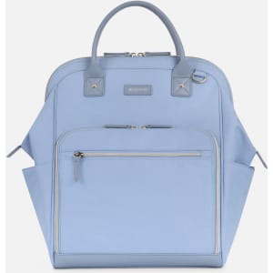 A light blue clinical backpack with multiple pockets and a logo, featuring a sturdy handle and zippers.
