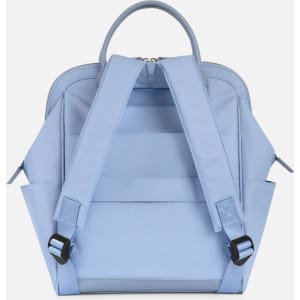 A light blue clinical backpack with adjustable straps and a top handle, featuring a logo.