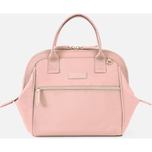 A pink insulated lunch bag with a zip closure and two side pockets, featuring a branding logo.