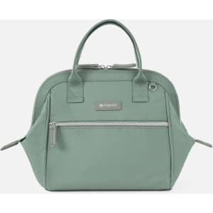 A green insulated lunch bag with two side pockets and a front zipper compartment, featuring handles and a logo.
