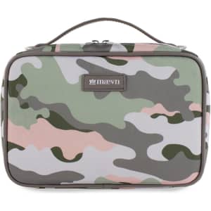 A camouflage-patterned bag in shades of green, pink, and grey, featuring a zip closure and a handle.