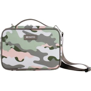 A camouflage-patterned bag in green, pink, and grey, featuring a handle and a detachable strap. It has a logo on it.