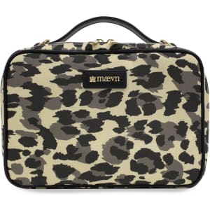 A leopard print bag with a black handle, featuring a logo on the front and gold zippers.