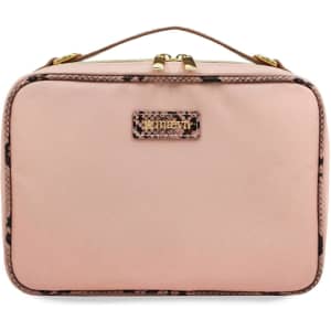 A pink and leopard print bag with a zip closure and a handle, featuring a logo on the front.