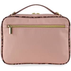 A pink bag with a gold zipper and a textured design, featuring a handle on top and a logo.