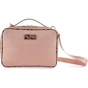 A pink bag with a leopard print design, featuring a handle and a detachable strap. It has a logo on the front.