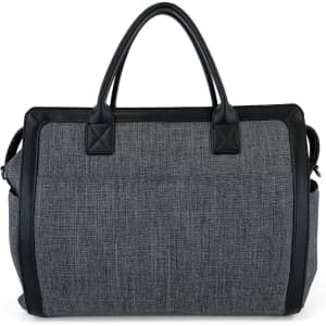 A grey fabric satchel bag with black leather accents and two sturdy handles. It features a sleek design and a logo.