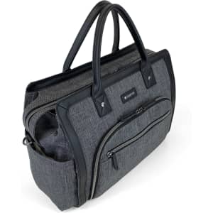 A grey doctor's satchel with black accents, featuring multiple compartments and handles for easy carrying.